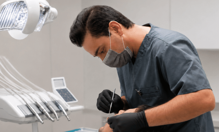 دندانپزشک در حال بررسی و درمان روکش دندان بیمار